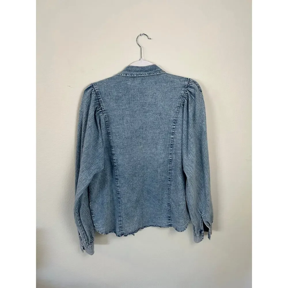 Aaron & Amber Chambray Denim Button Down Shirt Puff Sleeve Lightweight Medium - Picture 6 of 6